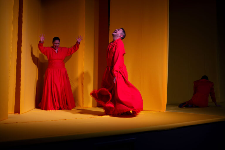 Fotografía del montaje, en la que se aprecia un fondo amarillo y fernte a él intépretes con vestuarios de color rojo o azul